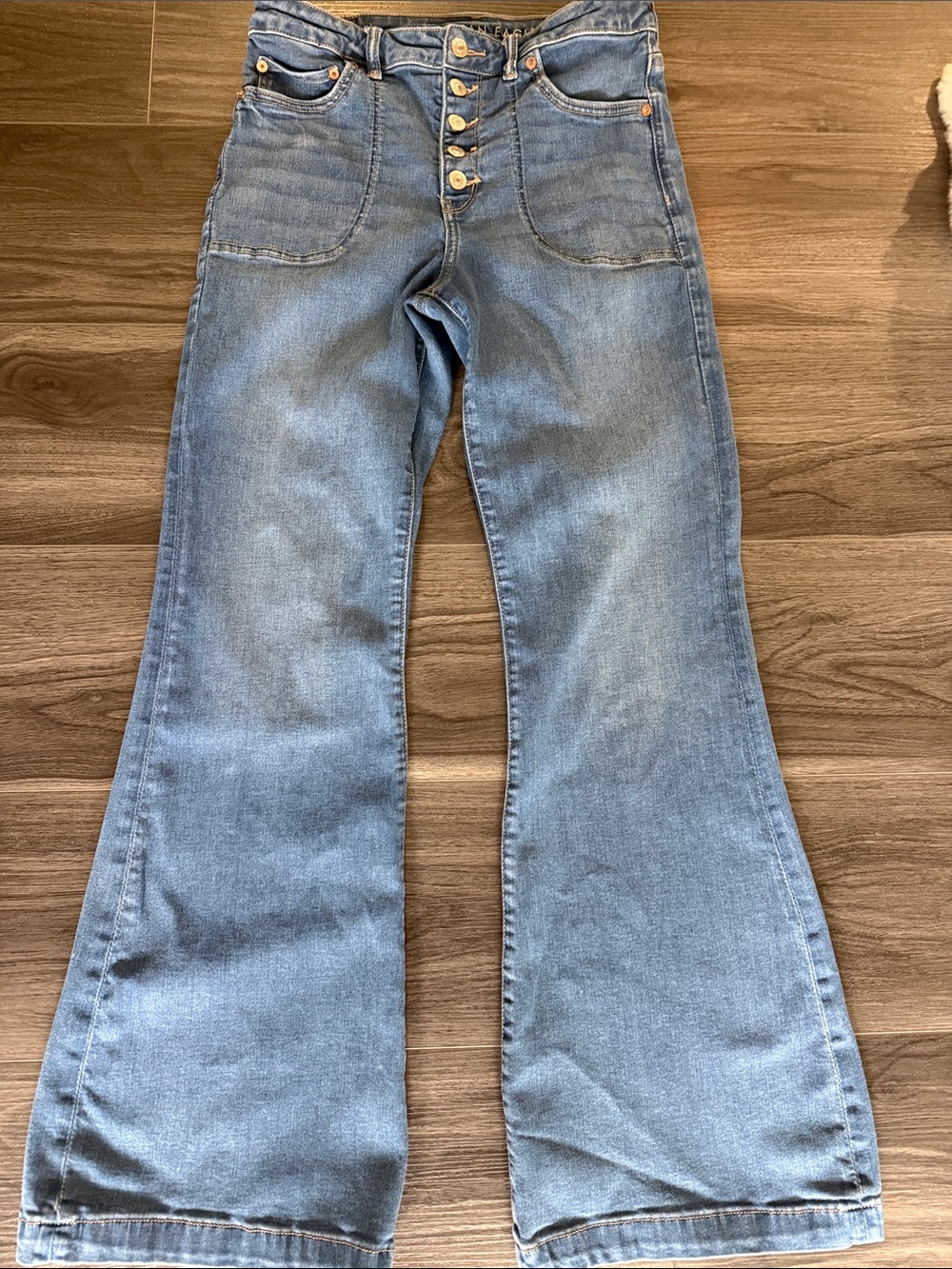 American Eagle Outfitters Light Blue High-Rise Flare Jeans with Button Fly